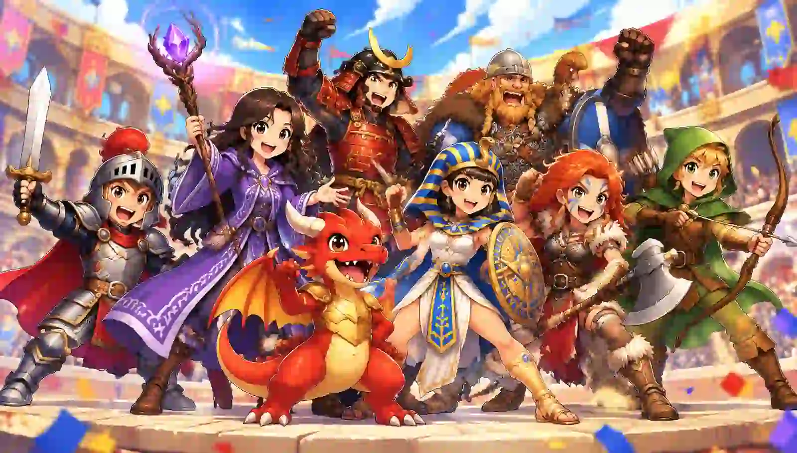 A cartoon line-up of the WordBlade heroes cheering: a knight, a mage, a samurai, a viking, a ranger, a pharaoh, a raider and a little red dragon