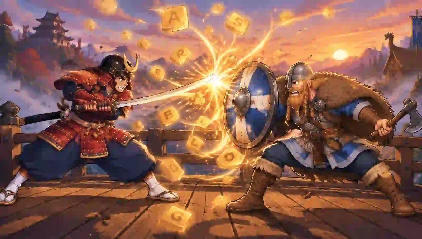 A cartoon samurai and viking clash on a bridge, letter tiles flying